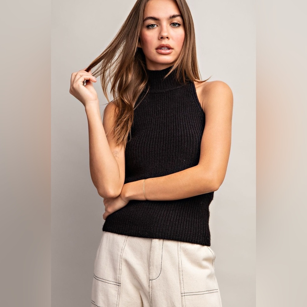 Sleeveless Turtle Neck Halter Sweater Top with Open Back - eesome